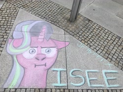 Size: 4032x3024 | Tagged: safe, artist:jphyperx, starlight glimmer, pony, unicorn, galacon, g4, :i, chalk, chalk drawing, floppy ears, galacon 2022, i mean i see, meme, solo, traditional art