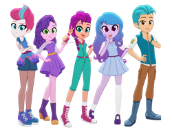 Size: 1180x885 | Tagged: safe, artist:azuventum, hitch trailblazer, izzy moonbow, pipp petals, sunny starscout, zipp storm, human, equestria girls, g4, g5, converse, crossed arms, equestria girls-ified, female, frown, g5 to equestria girls, g5 to g4, generation leap, grin, group, hand on hip, looking at you, male, mane five, open mouth, open smile, quintet, shoes, simple background, smiling, smiling at you, transparent background