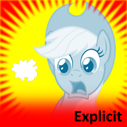 Size: 1024x1024 | Tagged: safe, edit, applejack, spirit of hearth's warming past, earth pony, pony, derpibooru, g4, 1000 hours in ms paint, filter, hole, meta, meta:explicit, red background, spoilered image joke, surprised, text, yellow background