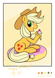 Size: 2480x3508 | Tagged: safe, artist:yey_17, applejack, earth pony, pony, g4, birthday, donut, food, high res, ice cream, solo