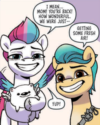 Size: 361x452 | Tagged: safe, cloudpuff, hitch trailblazer, zipp storm, dog, earth pony, flying pomeranian, pegasus, pomeranian, pony, g5, idw, my little pony: a new generation, spoiler:comic, spoiler:g5comic, spoiler:g5comic03, blatant lies, faic, fake smile, female, implied queen haven, male, mare, shipping fuel, smiling, stallion, winged dog
