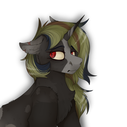 Size: 2300x2300 | Tagged: safe, artist:molars, pony, unicorn, ashes town, bat eyes, bust, chest fluff, commission, high res, red eyes, scar, shading, simple background, solo, torn ear, transparent background