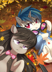 Size: 2374x3260 | Tagged: safe, artist:aymint, part of a set, dj pon-3, octavia melody, vinyl scratch, earth pony, pony, unicorn, g4, autumn, autumn leaves, bowtie, cello, clothes, duo, duo female, female, high res, horn, leaves, lying down, mare, musical instrument, on back, seasons, underhoof