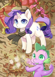 Size: 2460x3470 | Tagged: safe, artist:shepherd0821, rarity, spike, dragon, pony, unicorn, g4, autumn, beret, clothes, cute, fainting couch, female, food, hat, high res, leaves, male, mare, potato, scarf, seasons