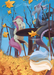 Size: 2374x3259 | Tagged: safe, artist:夜少, part of a set, discord, fluttershy, draconequus, pegasus, pony, autumn, chair, cup, cute, drinking, duo, eyes closed, floppy ears, food, high res, leaves, reflection, smiling, table, tea, teacup