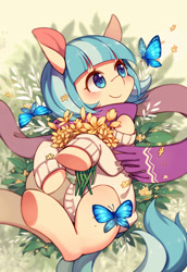 Size: 2031x2952 | Tagged: safe, artist:huaineko, coco pommel, butterfly, earth pony, pony, g4, autumn, blushing, clothes, cocobetes, cute, female, flower, high res, mare, pixiv, scarf, smiling, solo, spring, sweater