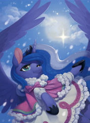 Size: 6030x8280 | Tagged: safe, artist:ciciya, part of a set, princess luna, alicorn, pony, g4, clothes, cute, dress, eye shimmer, female, lunabetes, mare, pixiv, puffy sleeves, seasons, smiling, snow, snowfall, solo, sparkly eyes, wingding eyes, winter