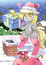 Size: 2460x3470 | Tagged: safe, artist:shepherd0821, derpy hooves, pegasus, pony, g4, bipedal, candy, candy cane, chimney, christmas, clothes, female, floppy ears, food, hat, high res, holiday, mare, pine tree, present, sack, santa hat, seasons, snow, snowfall, socks, solo, thigh highs, tree