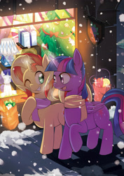Size: 2480x3507 | Tagged: safe, alternate version, artist:caibaoreturn, part of a set, rarity, spike, sunset shimmer, twilight sparkle, alicorn, pony, unicorn, g4, christmas, christmas tree, clothes, high res, holiday, one eye closed, pixiv, plushie, raised hoof, scarf, seasons, snow, snowfall, tree, twilight sparkle (alicorn), wink, winter