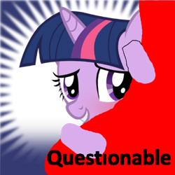 Size: 1024x1024 | Tagged: safe, edit, twilight sparkle, pony, unicorn, derpibooru, g4, 1000 hours in ms paint, blue background, curtains, filter, hiding, hooves, horn, meta, meta:questionable, spoilered image joke, unicorn twilight, white background