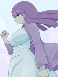 Size: 1668x2224 | Tagged: safe, artist:batipin, maud pie, human, equestria girls, g4, breasts, busty maud pie, clothes, dress, female, fist, jacket, looking at you, solo, windswept cloths, windswept hair
