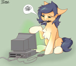 Size: 1600x1400 | Tagged: safe, artist:tx547, oc, oc only, oc:tabootask, earth pony, pony, cheek fluff, chest fluff, computer, computer mouse, confused, crt, ear fluff, female, floppy disk, fluffy, frown, green background, hoof fluff, leg fluff, mare, mouth hold, pictogram, raised eyebrow, raised hoof, shoulder fluff, simple background, sitting, solo, speech bubble