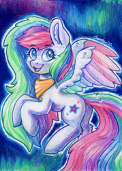 Size: 1463x2044 | Tagged: safe, artist:dandy, oc, oc only, oc:starburst, pegasus, pony, artfight, aurora borealis, bandana, colored pencil drawing, colored wings, ear fluff, female, flying, looking at you, mare, multicolored wings, night, not celestia, open mouth, pegasus oc, solo, traditional art, wings
