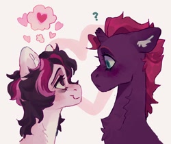 Size: 2048x1722 | Tagged: safe, artist:p0nyplanet, tempest shadow, oc, oc:oopsie doodle, pony, unicorn, g4, canon x oc, confused, floppy ears, heart, question mark, shipping, smiling, wavy mouth