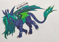 Size: 3149x2250 | Tagged: safe, artist:autumnsfur, queen chrysalis, changeling, dragon, g4, black coat, blue hair, chest fluff, claws, crown, dragon claw, dragon wings, female, full body, green hair, high res, jewelry, logo, long hair, long tail, looking away, navy coat, pony dragon hybrid, regalia, sharpie, signature, simple background, smiling, smirk, tail, traditional art, walking, wings