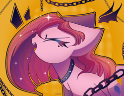 Size: 2450x1900 | Tagged: safe, artist:miryelis, pinkie pie, earth pony, pony, g4, chains, choker, eyes closed, long hair, open mouth, pinkamena diane pie, punk, signature, simple background, solo