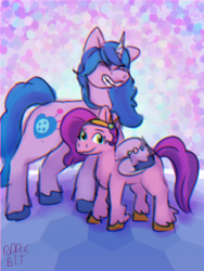 Size: 768x1024 | Tagged: safe, artist:puddle bit, izzy moonbow, pipp petals, pegasus, pony, unicorn, g5, adorapipp, crown, cute, duo, duo female, female, headband, horn, izzy is tol, izzybetes, jewelry, mare, newbie artist training grounds, pipp is short, regalia, signature, simple background, wings