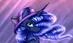 Size: 1989x1173 | Tagged: safe, artist:darklight1315, princess luna, alicorn, pony, bow, chest fluff, ear fluff, ethereal mane, female, hat, looking at you, mare, solo, stars