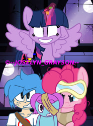 Size: 768x1040 | Tagged: safe, artist:joselynarg13, pinkie pie, twilight sparkle, alicorn, earth pony, human, pony, g4, bandage, boyfriend, boyfriend (friday night funkin), castle of the royal pony sisters, clothes, corrupted, crossover, dusk till dawn, error, female, friday night funkin', glitch, goggles, hair bun, horn, magic, male, mare, mare in the moon, moon, night, one ear down, pibby, scared, scarf, smiling, spread wings, stars, text, twilight sparkle (alicorn), wings
