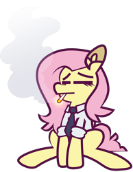 Size: 4779x6147 | Tagged: safe, artist:threetwotwo32232, fluttershy, pegasus, pony, g4, cigarette, clothes, female, mare, necktie, shirt, simple background, smoking, solo, transparent background