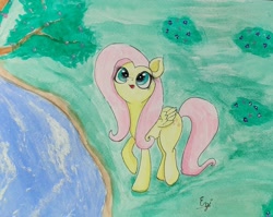 Size: 1534x1218 | Tagged: safe, artist:engi, fluttershy, pegasus, pony, g4, cute, daaaaaaaaaaaw, female, looking up, open mouth, shyabetes, solo, traditional art, tree branch, water, watercolor painting