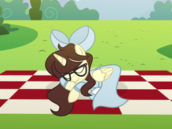 Size: 2000x1500 | Tagged: safe, artist:darbypop1, oc, oc:darby, alicorn, pony, alicorn oc, atg 2022, base used, bow, clothes, dress, female, glasses, hair bow, horn, mare, newbie artist training grounds, picnic blanket, sleeping, solo, wings