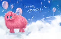 Size: 2000x1294 | Tagged: safe, artist:aquagalaxy, oc, oc only, oc:fluffle puff, earth pony, pony, cloud, happy birthday, solo