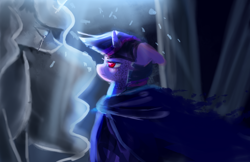 Size: 3200x2070 | Tagged: safe, artist:aquagalaxy, princess celestia, twilight sparkle, pony, g4, alternate universe, cloak, clothes, crying, high res, red eyes