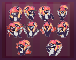 Size: 3000x2400 | Tagged: safe, artist:falses, oc, oc only, oc:sunrise virtue, pegasus, ahegao, blush sticker, blushing, coat markings, commission, countershading, depressed, everything is going to be ok, facial markings, female, heart, heart eyes, high res, kissing, licking, looking at each other, looking at someone, looking at you, mare, markings, nervous, nose wrinkle, open mouth, pegasus oc, scrunchy face, shy, simple background, smiling, smiling at each other, smiling at you, smirk, snip (coat marking), solo, sticker pack, sticker set, sultry, surprised, text, tongue out, wingding eyes, ych result
