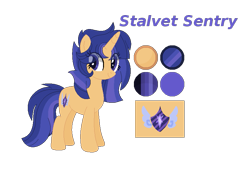 Size: 825x558 | Tagged: safe, artist:joselynarg13, oc, oc only, oc:stalvet sentry, pony, unicorn, cutie mark, female, horn, mare, next generation, reference sheet, simple background, smiling, story included, text, transparent background