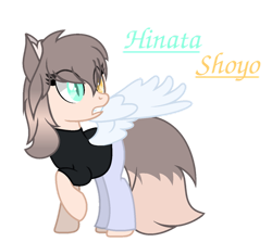 Size: 947x844 | Tagged: safe, artist:mialositas2017, oc, oc only, oc:hinata shoyo, pegasus, pony, clothes, female, heterochromia, mare, pants, shirt, simple background, text, transparent background, wings