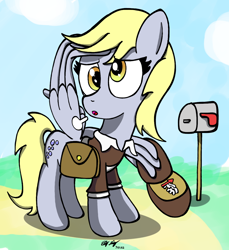 Size: 1100x1200 | Tagged: safe, artist:ebbysharp, derpy hooves, pegasus, pony, g4, atg 2022, bag, female, mailbag, mailbox, mailmare, mare, newbie artist training grounds, solo, wing hands, wings