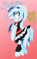 Size: 1638x2600 | Tagged: safe, artist:notadeliciouspotato, oc, oc:serene dive, earth pony, pony, bipedal, blushing, cheerleader, cheerleader outfit, clothes, dialogue, female, gradient background, mare, offscreen character, open mouth, solo