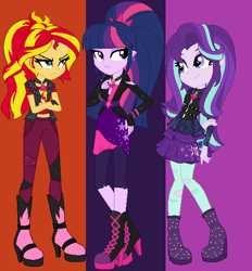 Size: 528x569 | Tagged: dead source, safe, artist:krystal-red-squirrel, artist:selenaede, starlight glimmer, sunset shimmer, twilight sparkle, human, equestria girls, g4, alternate hairstyle, alternate universe, base used, boots, clothes, crossed arms, cutie mark on clothes, ear piercing, earring, fingerless gloves, gloves, hand on arm, hand on hip, high heel boots, high heels, jacket, jewelry, looking at each other, looking at someone, necklace, pendant, piercing, ponytail, role reversal, shoes, the dazzlings, vest