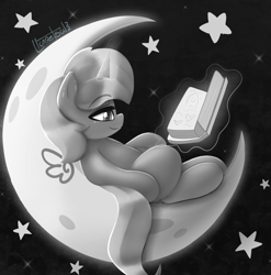 Size: 1094x1107 | Tagged: safe, artist:llametsul, princess luna, pony, g4, atg 2022, black and white, book, female, filly, grayscale, lineless, lying down, magic, monochrome, moon, newbie artist training grounds, on back, reading, relaxing, simple background, solo, stars, tangible heavenly object, telekinesis, woona, younger
