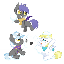 Size: 894x894 | Tagged: safe, artist:equestria-prevails, oc, oc only, oc:aster, oc:cloud skipper, oc:midnight blossom, bat pony, pegasus, pony, unicorn, bat pony oc, clothes, cute, gradient background, hoof hold, ocbetes, scarf, simple background, snow, snowball, snowball fight, snowman, transparent background, trio