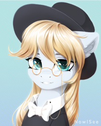 Size: 2000x2500 | Tagged: safe, artist:inowiseei, oc, pony, blue background, bust, female, glasses, hat, high res, mare, portrait, simple background, solo