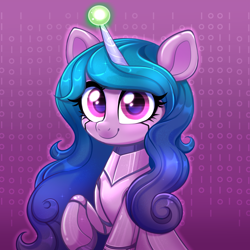 Size: 4000x4000 | Tagged: safe, artist:confetticakez, izzy moonbow, pony, robot, robot pony, unicorn, g5, absurd resolution, ball, bust, eyes open, female, horn, hornball, izzy moonbot, izzy's tennis ball, looking at you, mare, patreon, patreon reward, raised hoof, roboticization, smiling, smiling at you, solo, tennis ball