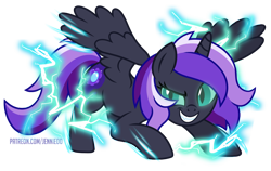 Size: 1000x633 | Tagged: safe, artist:jennieoo, oc, oc:aliss, oc:nightmare aliss, alicorn, pony, alicorn oc, angry, evil, evil smile, grin, horn, lightning, show accurate, simple background, smiling, solo, transparent background, vector, wings