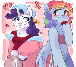 Size: 1280x1137 | Tagged: safe, artist:dmitrymemovznok, rainbow dash, rarity, pegasus, unicorn, anthro, g4, arm hooves, backwards ballcap, baseball cap, blushing, cap, clothes, duo, female, hat, hoof on chin, lesbian, pants, ship:raridash, shipping, sports bra, sweatpants, unshorn fetlocks