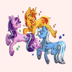 Size: 1280x1280 | Tagged: safe, artist:gowguo, starlight glimmer, sunset shimmer, trixie, pony, unicorn, g4, butt, chest fluff, curved horn, eyes closed, horn, magical trio, plot, smiling, sparkles, trio, underhoof