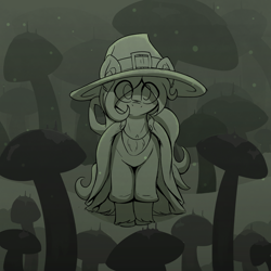 Size: 3072x3072 | Tagged: safe, artist:czu, oc, oc only, oc:coven, earth pony, pony, clothes, earth pony oc, hat, high res, looking at you, male, monochrome, mushroom, solo, unshorn fetlocks, witch hat