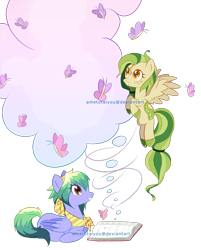 Size: 1476x1836 | Tagged: safe, artist:ametotaiyou, oc, butterfly, pegasus, book, clothes, colored wings, duo, eyelashes, female, flying, grin, mare, pegasus oc, scarf, simple background, smiling, transparent background, two toned wings, wings