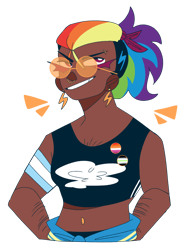 Size: 900x1193 | Tagged: safe, artist:pumpkin-phantom, rainbow dash, human, g4, agender, agender pride flag, alternate hairstyle, belly button, clothes, dark skin, ear piercing, earring, eyebrow piercing, grin, hoodie, humanized, jewelry, lesbian pride flag, midriff, nose piercing, nose ring, piercing, ponytail, pride, pride flag, simple background, smiling, solo, sports bra, sunglasses, transparent background