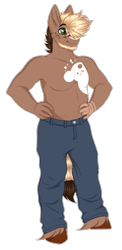 Size: 1058x2163 | Tagged: safe, artist:purplegrim40, oc, oc only, earth pony, anthro, unguligrade anthro, beard, clothes, earth pony oc, facial hair, hair over one eye, hand on hip, male, pants, partial nudity, simple background, smiling, solo, tattoo, topless, transparent background, unshorn fetlocks