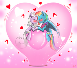 Size: 2074x1842 | Tagged: safe, artist:questionmarkdragon, rainbow dash, oc, pegasus, pony, unicorn, g4, abstract background, blushing, canon x oc, female, heart, holding hooves, horn, lesbian, mare, signature, unicorn oc, wings