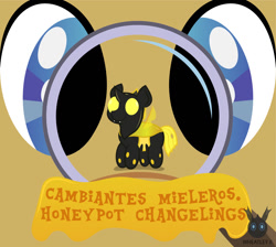 Size: 1260x1130 | Tagged: safe, artist:wheatley r.h., derpibooru exclusive, changeling, honeypot changeling, comic:cambiantes mieleros, chibi, close-up, comic, extreme close-up, magnifying glass, spanish, vector, watermark, yellow changeling