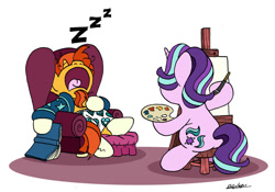 Size: 1024x718 | Tagged: safe, artist:bobthedalek, starlight glimmer, sunburst, pony, unicorn, g4, atg 2022, bathrobe, book, boxers, butt, chair, clothes, coat markings, draw me like one of your french girls, duo, duo male and female, female, heart, heart print underwear, male, mare, newbie artist training grounds, onomatopoeia, open mouth, paintbrush, painting, palette, plot, robe, simple background, sleeping, snoring, socks (coat markings), sound effects, stallion, stool, underwear, volumetric mouth, white background, zzz
