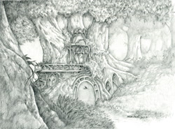Size: 1400x1036 | Tagged: safe, artist:baron engel, g5, architecture, grayscale, house, la villa izzy, monochrome, pencil drawing, story included, traditional art, tree, treehouse