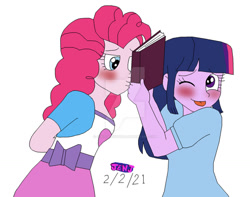 Size: 1280x1009 | Tagged: safe, artist:stella-exquisa, pinkie pie, twilight sparkle, human, equestria girls, g4, ;p, arm behind back, arms, belt, blouse, blushing, book, breasts, bust, clothes, collar, cute, deviantart watermark, diapinkes, duo, female, hand, hand behind back, holding, kissing, lesbian, long hair, obtrusive watermark, one eye closed, puffy sleeves, ship:twinkie, shipping, shirt, short sleeves, simple background, skirt, teenager, tongue out, twiabetes, vest, watermark, white background, wink